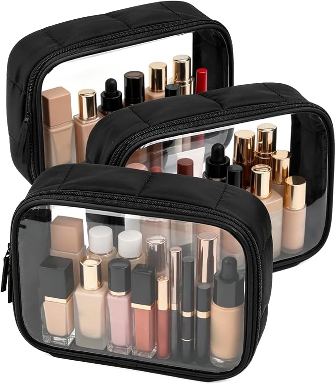 Moyad TSA Approved Clear Toiletry Bag, Quart Size 3-1-1 Liquids Pouch with Smooth Zipper, Wide Opening Transparent Makeup Organizer for Carry On Travel, Lightweight for Women Men (Black-3pcs)