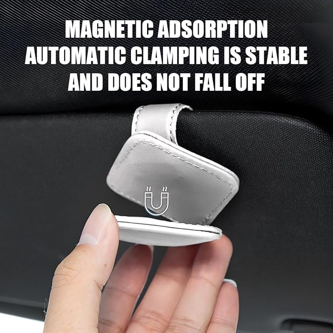 Sunglasses Holder for Car Visor, Magnetic Leather Vehicle Glasses Ticket Card Clip, Automotive Interior Eyeglass Hanger Organizer Accessories, Universal for SUV, Sedan, Truck (White)