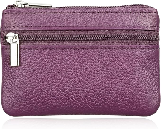 Hibate Purple Small Leather Coin Purse Change Pouch for Women Men Kids with Zip Key Ring