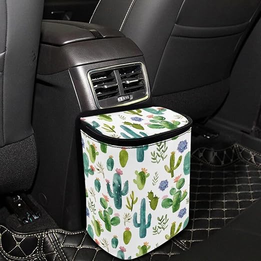 Biyejit Cactus Flowers Car Trash Can Automotive Garbage Bag Car Trash Can with Lid Collapsible Reusable Waterproof Car Garage Bag Car Accessories Interior Car Organizer
