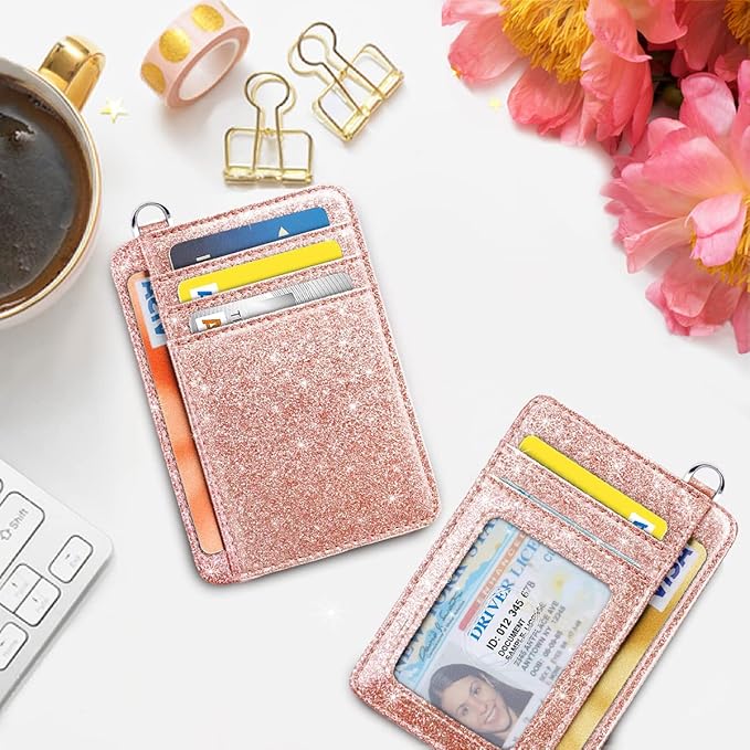 Coco Rossi Slim Front Pocket Wallet RFID ID Card Holder Cute Small Wallet with Keychian for Women,Rose Gold Glitter