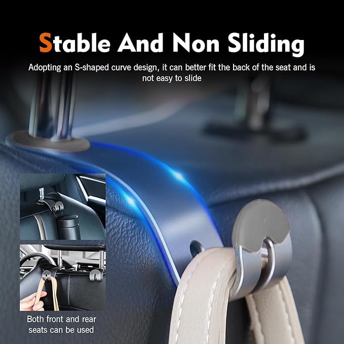 2PCS Car Headrest Hooks, High Load Capacity Heavy-Duty Metal Car Seat Hooks, Hidden Design Headrest Hanger for Handbag Bag Hardhat, Universal for Most Vehicles