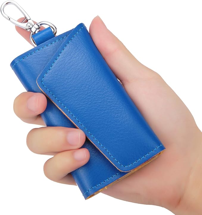 BAKUN Compact Leather Car Key Case, Key Holder Key Organizer Wallet, With 6 Hooks(Blue)