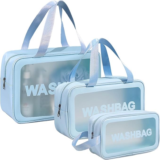 Travel Toiletry Bag for Women and Men, Matte Translucent Shower Bag with Handy Handle, Makeup Cosmetic Organizer Bag for Travel Toiletries Accessories (Blue)