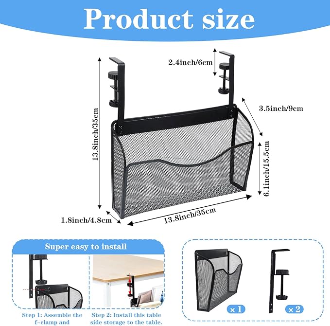 Clamp On Desk Organizer, 2-IN-1 Under Desk Side Organizer Storage, Wall Mounted Mesh File Rack, Hanging Office Organization for Document Magazine Paper School Supplies