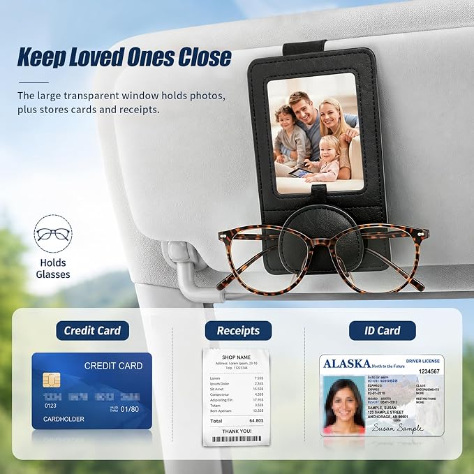 Car Visor Sunglasses Holder with Photo Frame, Magnetic Leather Clip