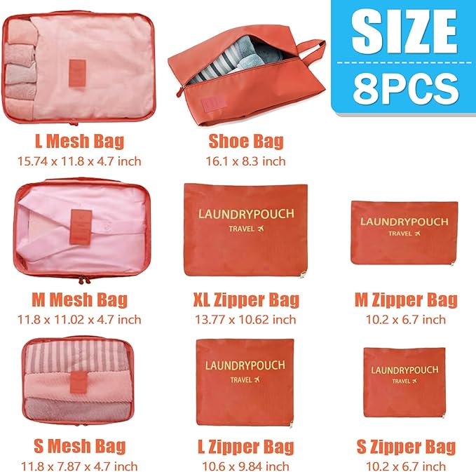 8 Set Packing Cubes for Travel Luggage Packing Bags Reusable Waterproof Suitcase Organizer Cubes Set with Shoe Bag and Toiletry Bag (Orange)