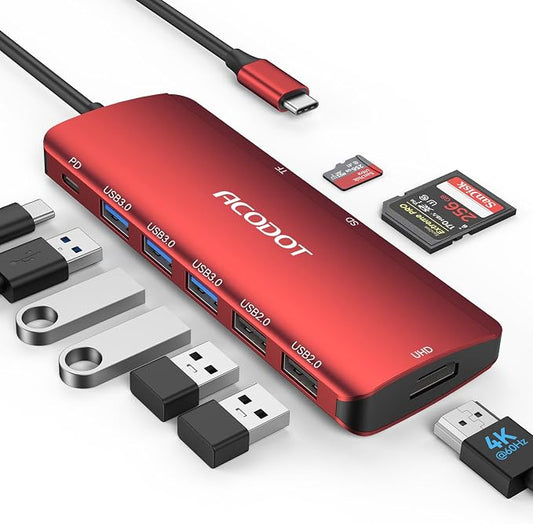 Acodot 9-in-1 USB C Hub Multiport Adapter - 4K@60HZ HDMI, 3 USB 3.0 Ports, SD/TF Card Reader, 100W PD for MacBook Pro Air HP XPS - Red