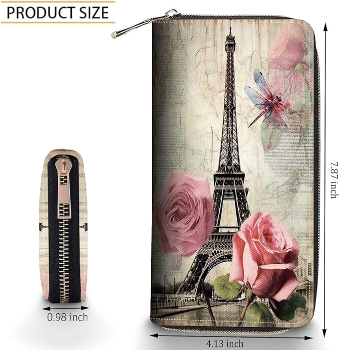 Bxgolkgd Womens Wallet, RFID Blocking Leather Wallet,Large Capacity Wallet Credit Card Holder PU Leather Ladies Clutch with Zipper Coin Pocket - Vintage Paris Tower Rose