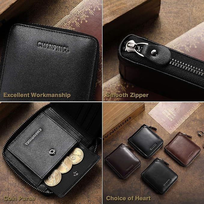 Mens Genuine Leather Zipper Wallet RFID Secure Large Capacity Double Fold Multi-card Leather Wallets for Men and coin purse