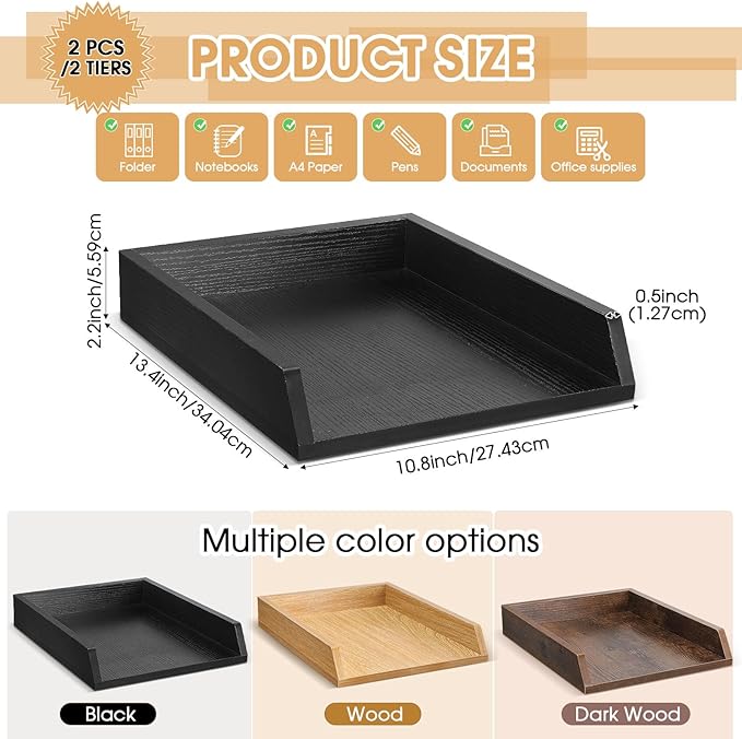 DoubleFill 2 Pcs Wooden Letter Trays Wood Letter-Size Desk Organizer Heavy Duty 2 Tier Stackable Supports Paper Tray Desktop Drawer Organizer File Folder Magazine Office Accessories (Black)