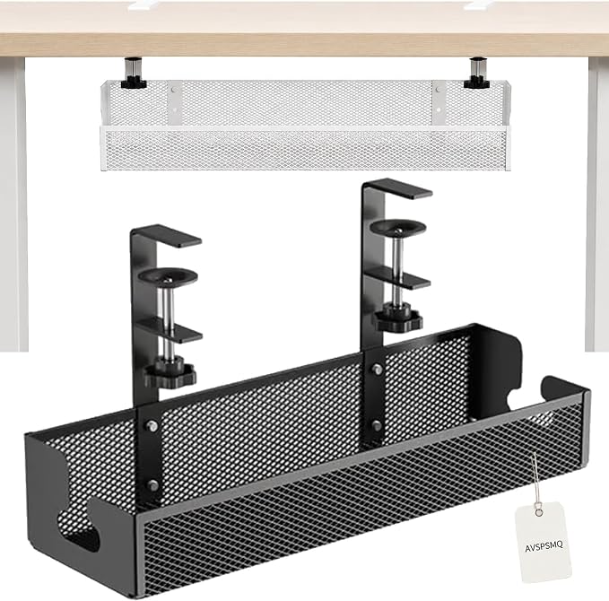 Adjustable No-Drill Under-Desk Cable Organizer Clamp On Metal Mesh Tray Cord Wire Management Basket Power Strip Holder Rack for Home Office Computer Standing Desk Accessories(Black,Large)