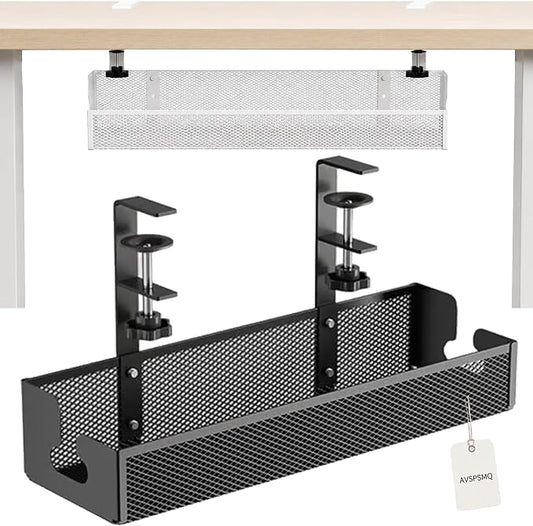 Adjustable No-Drill Under-Desk Cable Organizer Clamp On Metal Mesh Tray Cord Wire Management Basket Power Strip Holder Rack for Home Office Computer Standing Desk Accessories(Black,Large)