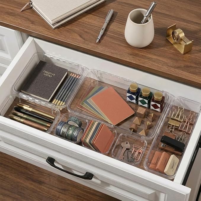 14 Pcs Expandable Clear Drawer Organizer, 3-Size Extendable Drawer Divider, Adjustable Plastic Storage Box, Arcrylic Storage Bins for Makeup Vanity Drawer Dresser DIY Desk Office Kitchen Utensils