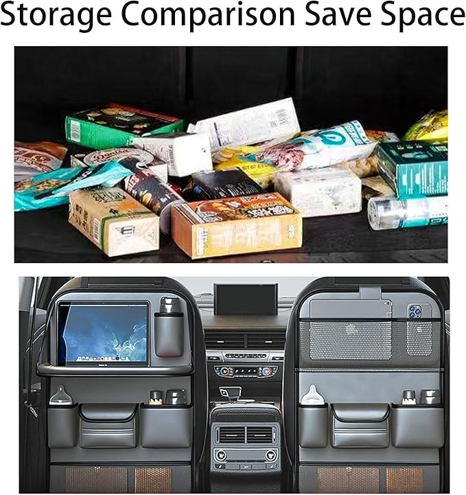 2 Pack Leather Car Backseat Organizer with Foldable Table Tray, Car Storage Organizer with Tablet Holder, Car Seat Back Protectors Kick MatsTravel Accessories