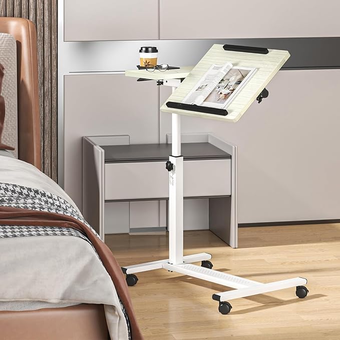 Panta Height Adjustable Rolling Laptop Stand, Overbed Table with 2 Tilting Desktops, Mobile Laptop Table for Couch with Cup Holder, Mobile Computer Workstation for Office, Home and Hospital,Maple