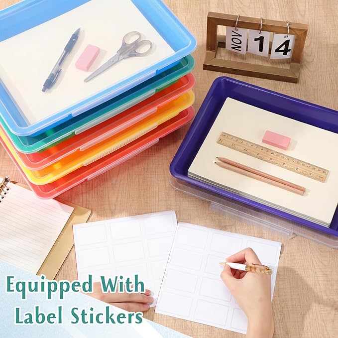 Tinlade 12 Pcs Classroom Paper Storage Bins with Clear Latching Lids Labels, Letter Size Stackable Flat Trays Container Paper Organizer for Teacher Back to School Office Arts Crafts (Rainbow,13x10in)