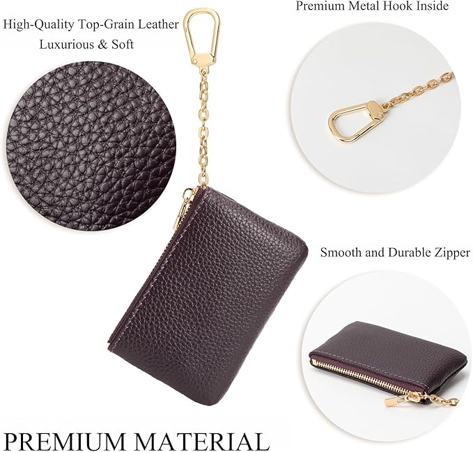 Full Grain Leather Coin Purse with Key Chain - Small Change Purse Keychain Card Holder Keychain Pouch Small Keychain Wallet for Women and Men (Eggplant Purple)