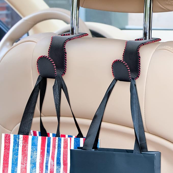 Purse Hook for Car Headrest, Leather Back Seat Organizer Hanger Holder Hook for Hanging Purses and Bags and Coats, 2Pack Black&Red