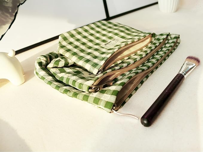 HAPPYHEIDI Nylon Checker Makeup Bag Set 3 with Compartment Cosmetic Toiletry Travel Pouch,Purse Accessory Organizer, 3-Size, Beige Green Plaid, Canvas Lined