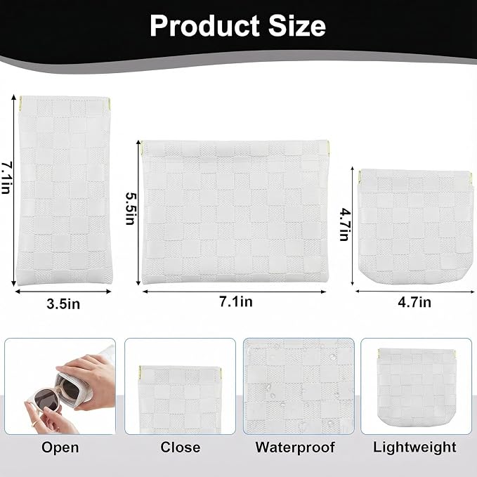 3Pcs Small Makeup Bag for Purse, Waterproof Portable Checkered Leather Makeup Pouch, Small Purse Pouches for Purse Small Coin Purse Organizer Pouches Snap Closure Pocket Cosmetic Bag for Women (White)