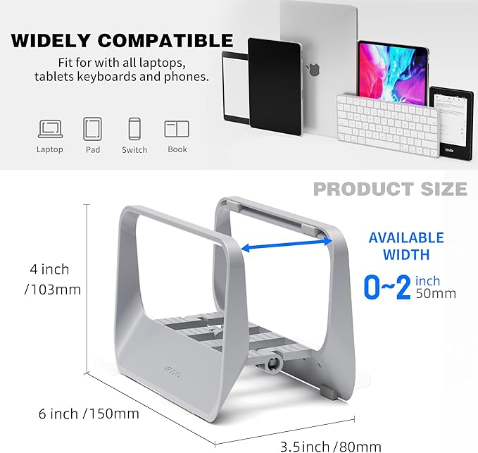 Vertical Laptop Stand with Gravity Locking – ABS Adjustable Laptop Holder Desktop Stand Compatible with MacBook, Surface, iPad, mini PC and More (Gray)