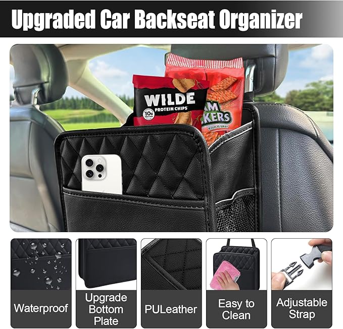 Foldable Car Seat Back Organizer, Large Capacity Hanging Car Backseat Storage Bag with Cup Holders, PU Leather Waterproof Car Trash Bag Can, Car Travel Accessories for Most Vehicles (2PCS)