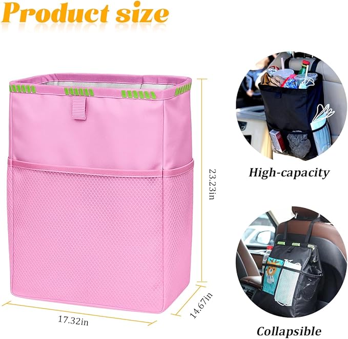 Car Trash Bag, Leak-Proof Large Capacity 3.4 Gallons Hanging Vehicle Trash Bin with Storage Pocket, Multipurpose Portable Auto Garbage Bag for Travel, Universal Fit (Pink)