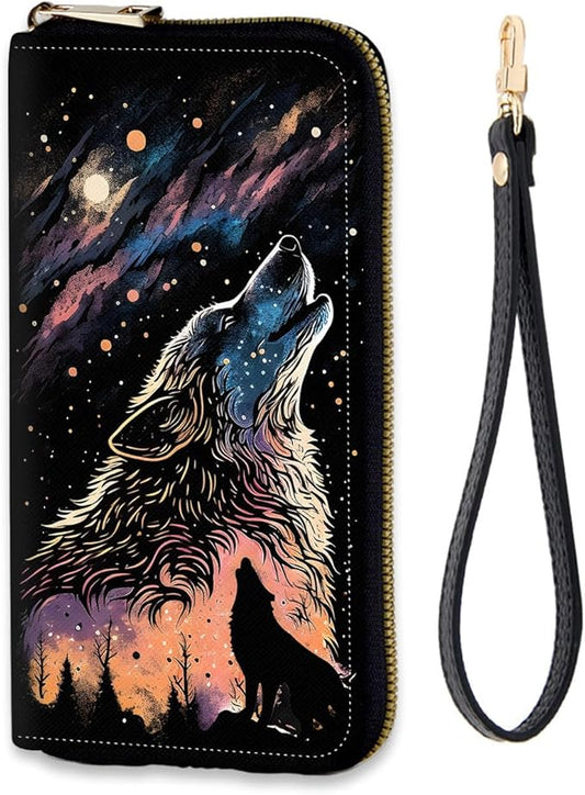 Women's RFID Blocking Zip Around Wallet with Detachable Wrist Strap, Large Capacity Credit Card Holder Organizer for Everyday Use,Galaxy Wolf