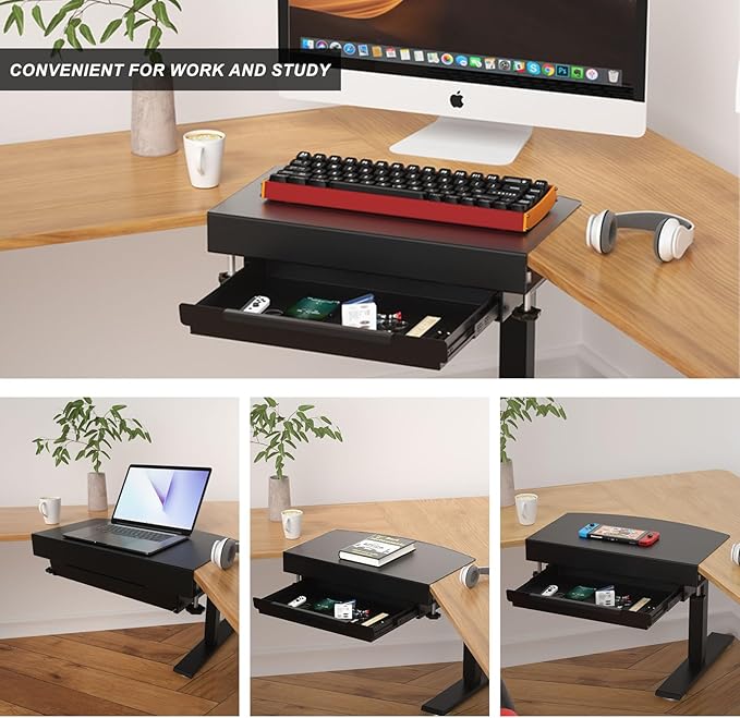 Clamp on Desk Corner Sleeve with Drawer, L Desk Connector Platform with Mounting Under Desk Drawer Hanging Corner Desk for Extender Desk Space