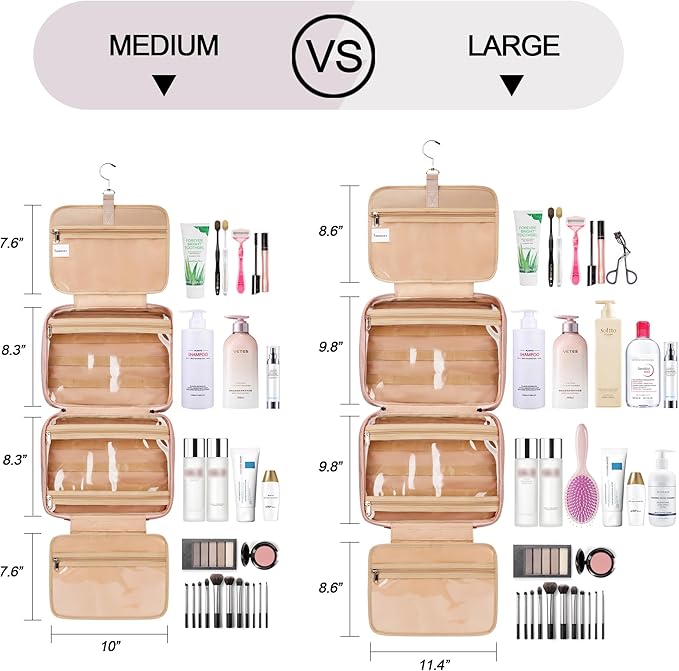 COOSKY Travel Hanging Toiletry Bag for Women, Large Makeup Bag 8 Leak Proofing Silicone Bottle Covers, Waterproof Cosmetic Bag with Jewelry Organizer Compartment, Toiletries Kit Set, Pink