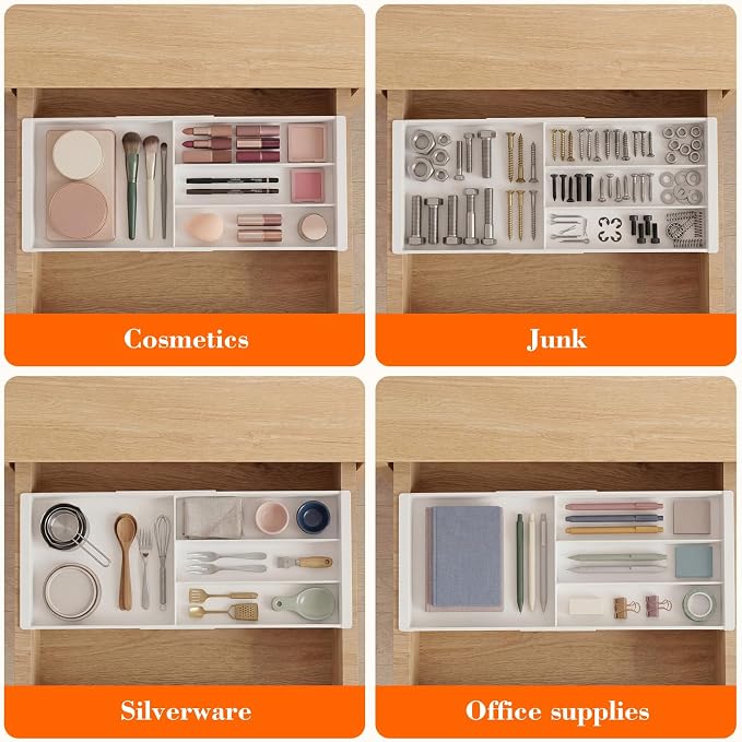 Briwooody Expandable Drawer Tray with Adjustable Dividers, 12.6-19.96 Inch Hanging Sliding Desk Organizer, 1.18'' Deep White Office Storage for Pens Paper Clips Sticky Notes Tape, Desk Accessories