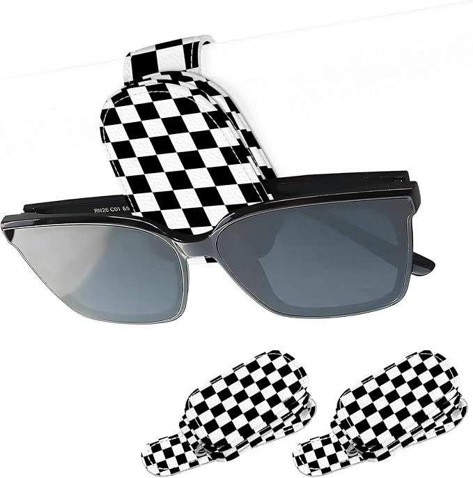 2 Pack Magnetic Leather Sunglass Holder, Universal Magnetic Car Eyeglass Hanger Clip for Different Size Eyeglasses, Car Visor Accessories (Black Plaid)