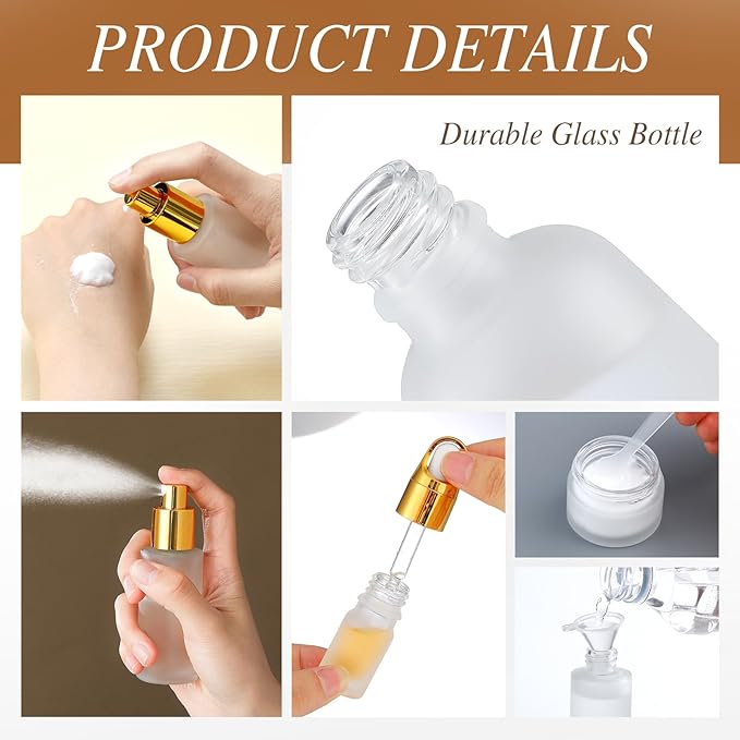 Jingmore 13 Pcs Glass Skincare Travel Containers Mini Makeup Containers Travel Size Toiletries Bottles with Pump Spray and PU Leather Toiletry Bag for Liquid Serum Cream Moisturizers Oils(Gold)