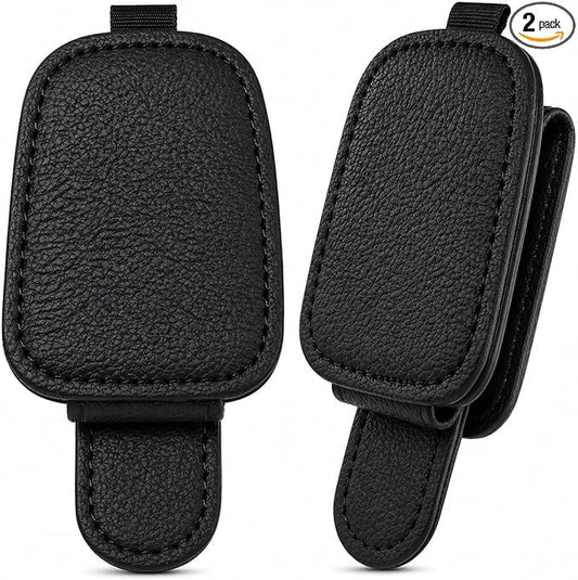 Magnetic Sunglasses Holder for Car Visor, Leather Visor Clip with Card & Ticket Slot, Secure No-Scratch Design, 2-Pack (Black)