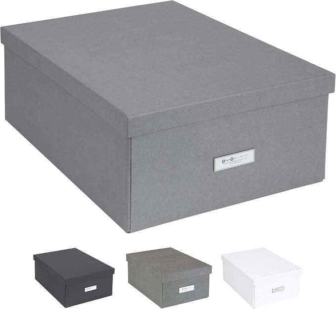 Bigso Box of Sweden Katrin Collapsible Storage Box with Labelframe for Easy Identification - Simple Assembly Without Tools - Decorative Storage Boxes with Lids - 13.5in x 17.6in x 7.2in - Gray