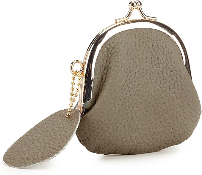 Women’s Small Coin Purse, Vintage PU Leather Change Purse, Coin Bag with Kiss Lock, Mini Coin Purse for Women (Khaki)