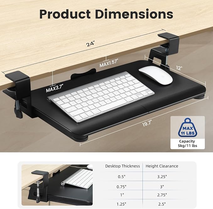 Keyboard Tray Under Desk, Slide Out Computer Keyboard & Mouse Tray with C Clamp-on Mount Easy to Install,24" W（Including Clamps） X 12"D Small Size,Black