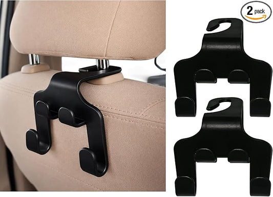 Car Headrest Hook | 360° Rotation Seat Back Hanger for Bags, Purses & Groceries | Durable ABS Plastic Car Organizer (Pack of 2 - Black)