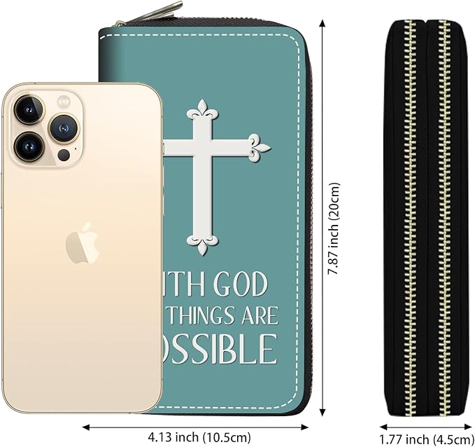 Women's Large Capacity Wallet PU Leather Double Zipper Clutch Purse Multifunctional Wallet with Removable Wristlet Strap for Phone/Coin/Card/Cash, Christian Cross with God All Things are Possible