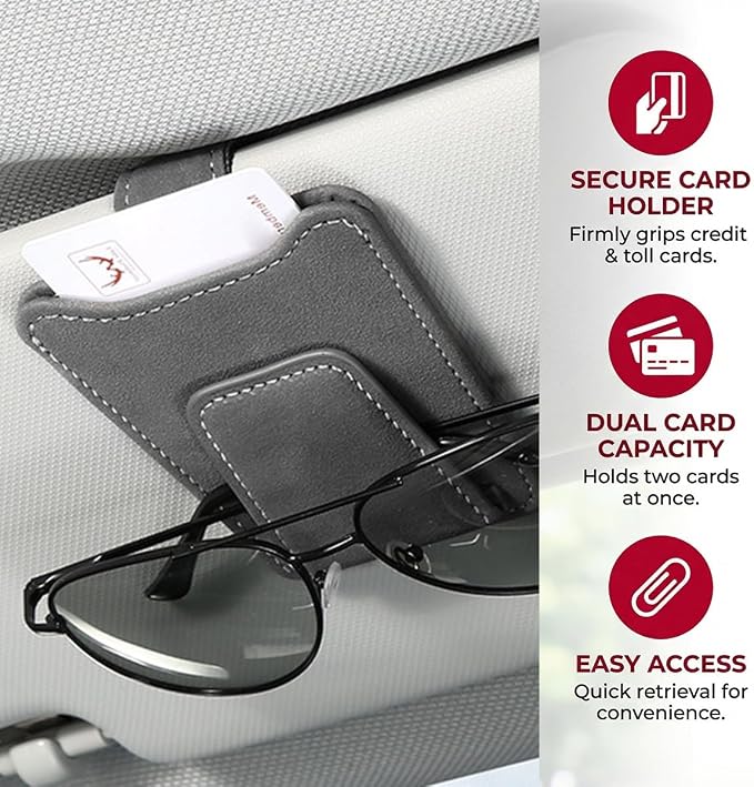 Sunglass Holder for Car Visor, Magnetic Leather Vehicle Eyeglass Hanger Holder, Automotive Interior Sun Visor Glasses Ticket Card Organizer Clip, Universal for SUV RV Lorry (Gray)