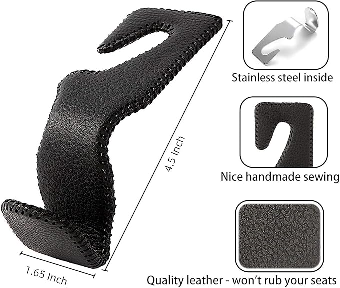 AMVOYOA Headrest Hooks for Car, Back Seat Organizer Black Leather Hanger Holder Hook, for Hanging Purses and Bags and Coats, Pack of 4