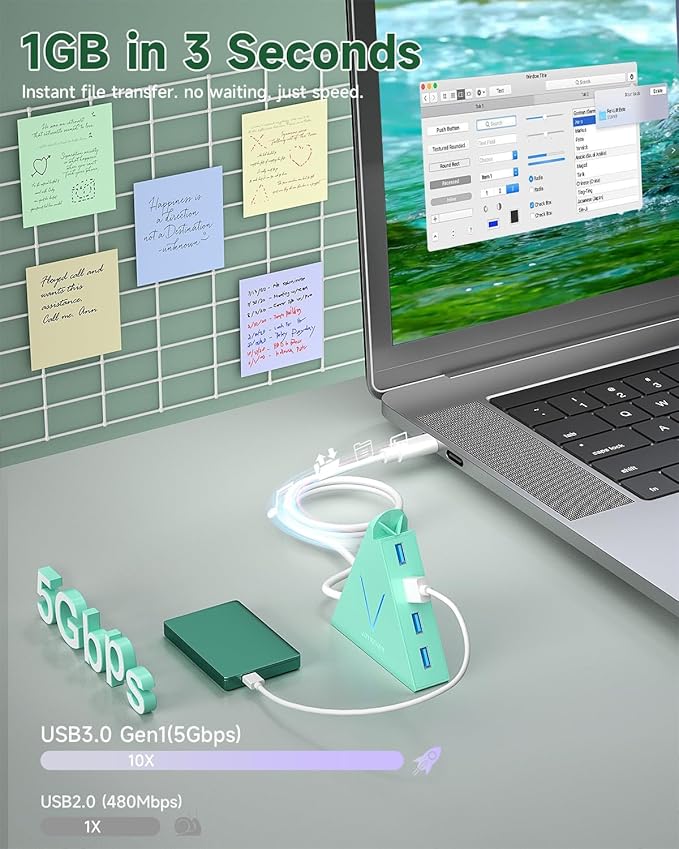 USB C Hub, USB C to 4-Port USB 3.0 Type-C Splitter Adapter for MacBook Pro/Air, iMac, Mac mini, Laptop, Surface Pro, XPS, Flash Drive, Keyboard, Mouse, External HDD (2ft, Green)