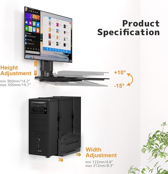 PUTORSEN Monitor and Keyboard Wall Mount with CPU Holder for 32" Monitors (55 lbs Max), Keyboard Tray (4.4 lbs Load) & CPU Holder (22 lbs Capacity) - Height Adjustable, with Mouse Pad, VESA75/100
