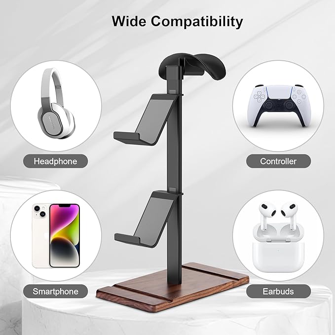 Controller Holder, Walnut Wood Headphone Stand, Gaming Controller Stand for Xbox PS5 PS4 Switch, Natural Wooden Headset Holder, Universal Desk Game Accessories