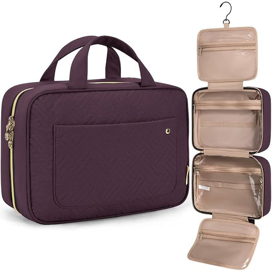 BAGSMART Toiletry Bag Travel Bag with Hanging Hook, Water-resistant Makeup Cosmetic Bag Travel Organizer for Accessories, Shampoo, Full-size Container, Toiletries (Dark Purple, Large)