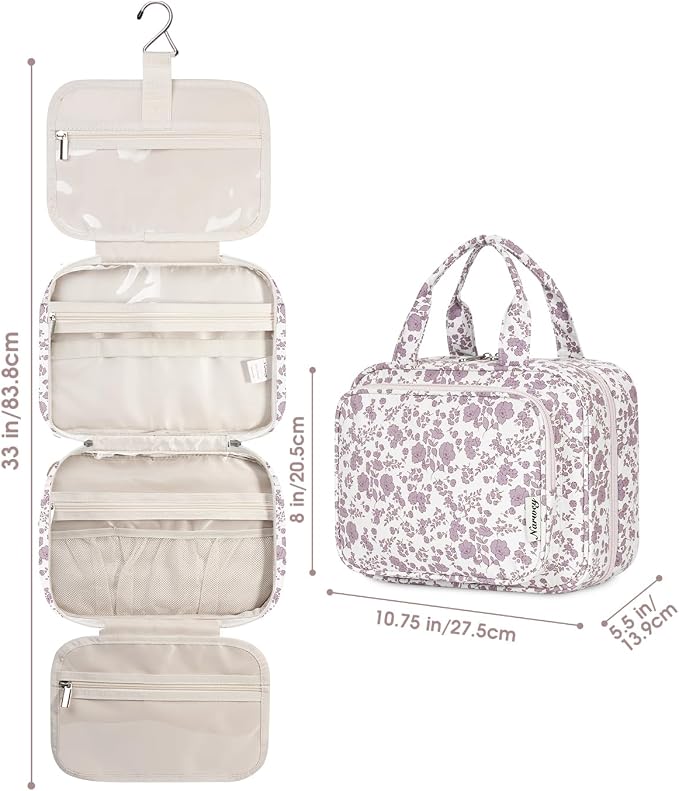 Narwey Hanging Floral Toiletry Bag for Women Travel Makeup Bag Organizer Toiletries Bag for Travel Size Essentials Accessories Cosmetics (Dusty Pink Flower (Medium))