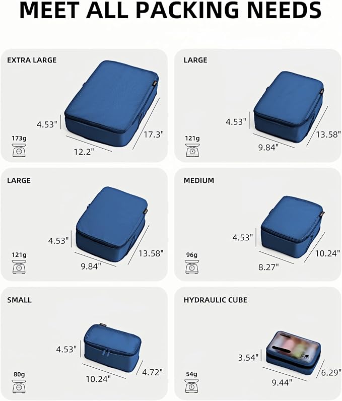 6 Set Compression Packing Cubes for 7–14 Day Travel, Dark Blue | Nylon Oxford Fabric, Full Breathable Mesh, Reinforced Double-Zipper, Small to Large Size Bag, Expandable Packing System