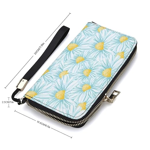 Clutch Wallet Holder for Women Men Blooming Daisies Portable Accordion Zipper Credit Card Storage Bag Waterproof Purse Leather Wallet for Travel Work Shopping