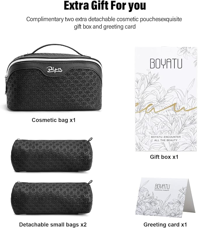 BOYATU Travel Makeup Bag Cosmetic Bags for Women: Large Capacity 3 Pcs Set Make up Bag with Compartments - Waterproof Vegan Leather Toiletry Organizer Bags with Handle (M-71Black)